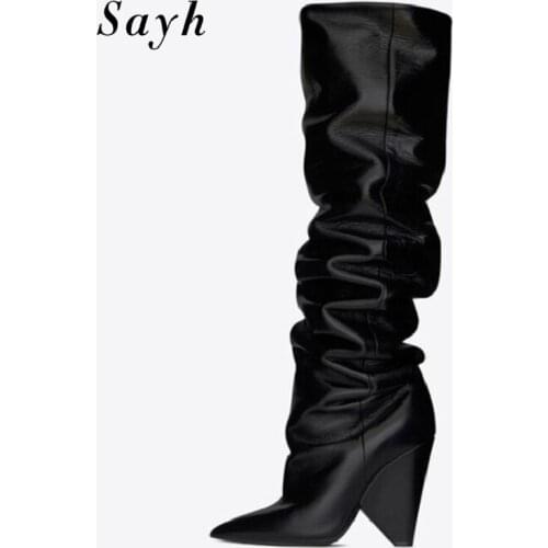 Woman Knee High Boots Pointy Toe Riding Boots Strange Heels Pleated Leather Riding Runway Stretch Boots Shoes Size Plus