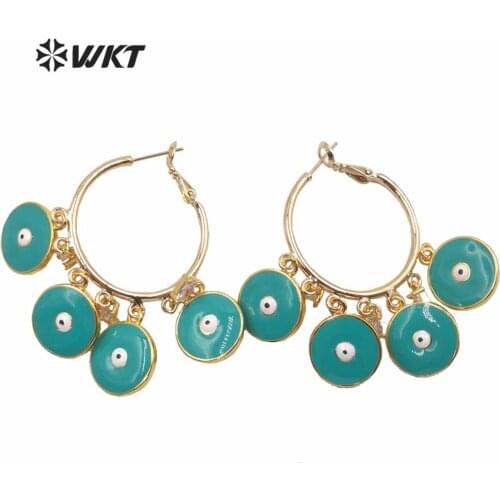 WT-E630 Hot populared round eye charm dangling earrings gold electroplated round hoop charm women earrings for party