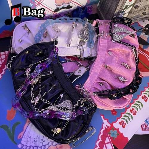 Harajuku Womens Punk Shoulder Bags Handbags Messenger Bag Y2K hot girl Gothic metal tote female skull wing chain underarm bag