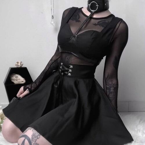 Sexy Lace Mesh Pleated Women Dress Gothic Streetwear Off Shoulder Dark Punk O Neck Sexy Midi Female Dress Bandage Lady Dress#G7
