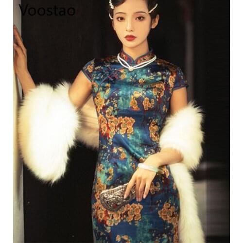 Chinese Style Cheongsam Dress Women Vintage Traditional Floral Print Old Shanghai Elegant Qipao Dress Girly Bodycon Split Dress