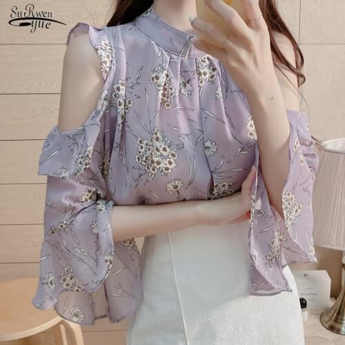 2021 Summer Off Shoulder Chiffon Blouse Women Elegant Short Sleeve Floral Plus Size Women Shirts Print Pullover Ladies Tops 9929