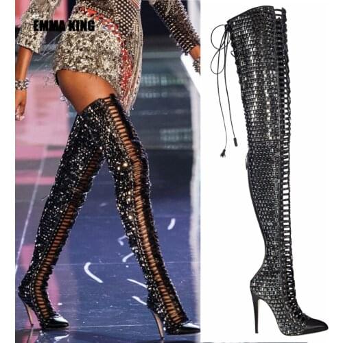 2021 Fashion Gladiator Thigh High Boots Open Toe Summer Boots Sexy Lace Up Over The Knee Boots High Heels Shoes Women Pole Dance