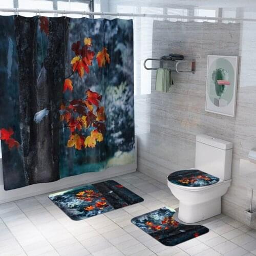 3D Shower Curtain Bathroom Curtains Rug Sets Navy-blue Winter Maple Leaf Printed Waterproof Toilet Cover Bath Mat Set Home Decor
