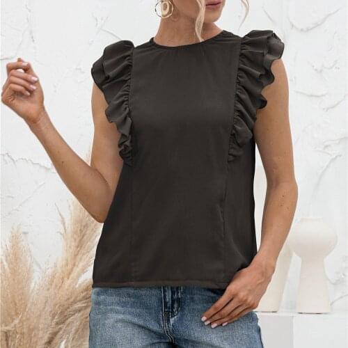 Plus Size Women Summer Sweet Double Ruffles Tops O Neck Solid Color Sleeveless Casual Back Lace-up Top Tanks 2021 Girls