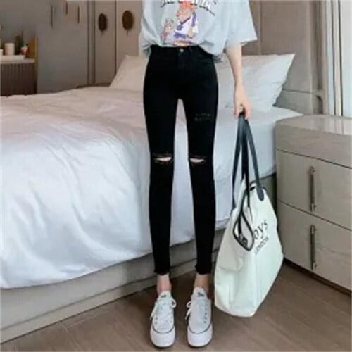Hole Black Jeans High Waist Pencil Pants 2021 New Autumn Spring Summer Ankle-Length Pants Female Tight-Fitting Denim Pant Femme