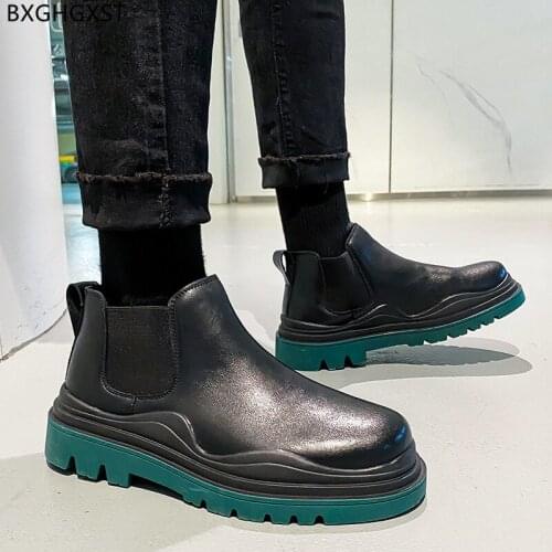Black Platform Shoes Leather Boots for Men Male 2021 Round Toe Chelsea Boots Men Designer Ankle Boots Fashion Men Casual Shoes