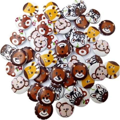 50 Pieces Mixed Painted Cartoon Animal Wood Buttons Sewing Crafts For kids Children 20mm