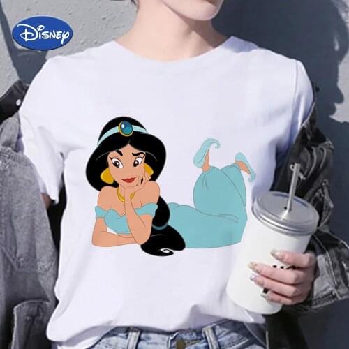 Jasmine Disney Princess Woman Shirt Summer T-Shirts Womens T-Shirt Cartoon Short Sleeve Simplicity Print Trendy Tshirt Female