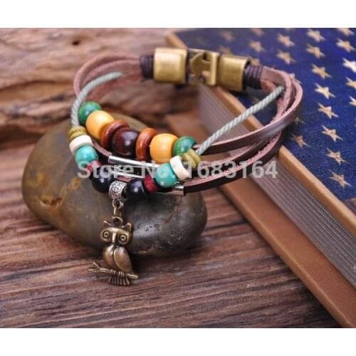 G55 Bronze Cute Owl Pendant Hemp Leather Wood Beads Wristband Bracelet Cuff New Mens