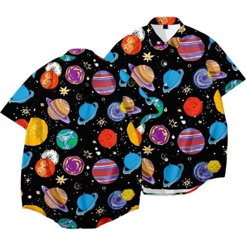 Vintage Street Mens Short Sleeve Turn-down-collar Shirts Summer Hawaiian Shirt Blouse Male Sun And Moon Print Top