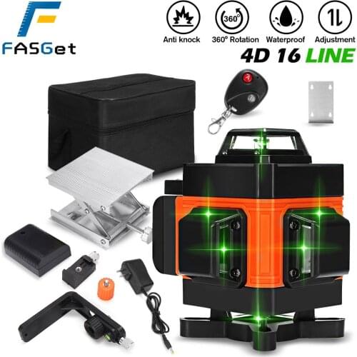 FASGet 16 Line Laser Level 4D Powerful Green Light Remote Control Horizontal Vertical Self-Leveling System Wall Attachment Frame