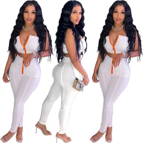 Summer New Style Womens Solid Color Zipper, Chest Wrap, Casual Sexy Two-Piece Suit