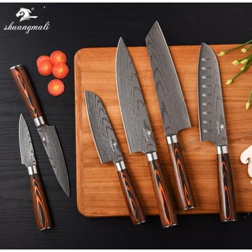 Shuangmali 6PCS Kitchen Cooking Chef Knife Set 420 Stainless Steel Chef Knives Utility Paring Gyuto Cleaver Santoku Knives Set