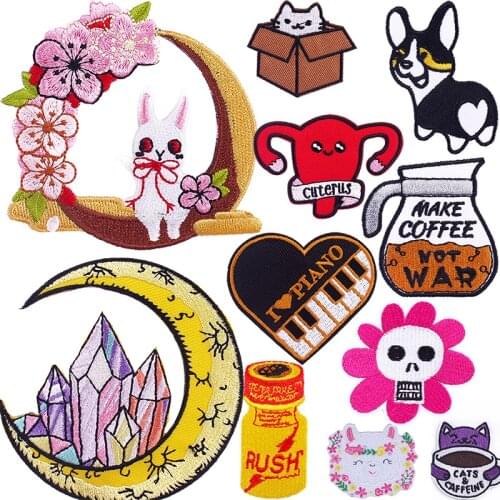 Cat/Dog Animal Clothing Patches Badges Clothes Embroidered Patches Moon Flowers Pattern Applique Stripes For Sewing Accessories