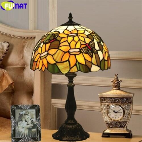 FUMAT tiffany style table lamp yellow sunflower butterfly chrysanthemum lampshade 12 inch stained glass desk light handicraft