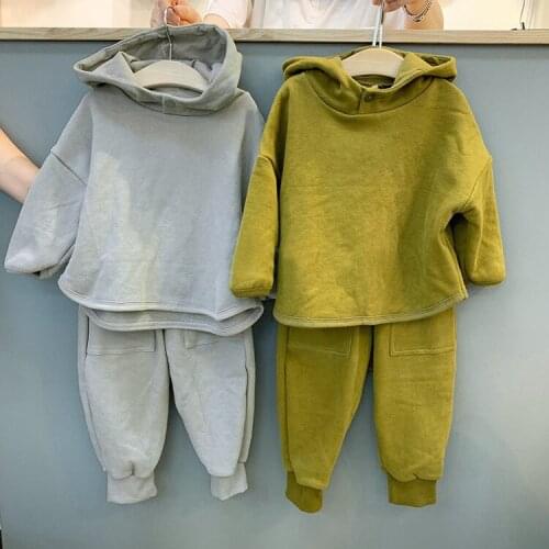 2021 Autumn Korean Childrens Clothing New Boys and Girls Fashion Simple Button Hooded Pullover Hoodie Suit