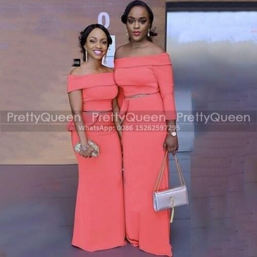 Newest Coral Sheath Bridesmaid Dresses With Beads 2021 Boat Neck African Women Long Wedding Guest Dress Party