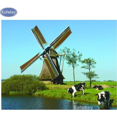 Natural scenery,diamond embroidery"the dutch windmill"cow diamond painting cross stitch,full rhinestone,mosaic,5d,diy,stickers