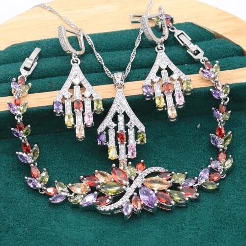 Multi Color Zircon 925 Silver Jewelry Set For Women Bracelet Earrings Necklace Pendant Gift Box