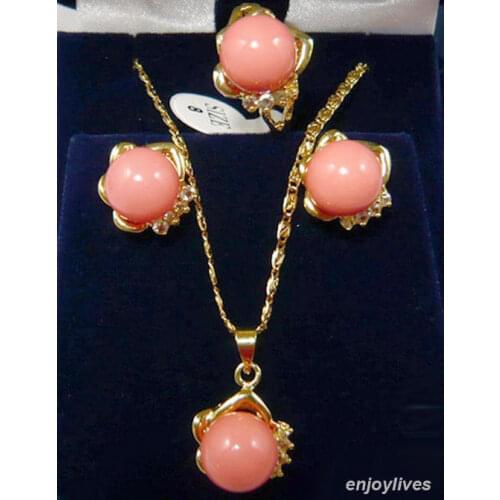 Pink Coral Yellow stone Crystal Pendant Necklace Ring Earrings Set