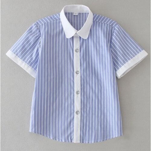 Summer White Blue Boys Shirts Striped Child Unisex Blouse Top Girl Uniform School 4 6 8 10 12 14 16 Years Kid Clothes RKK194001