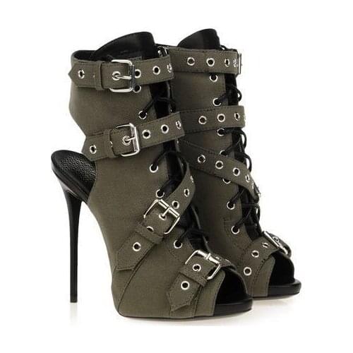 Sexy high heel sandals with peep toe slingbacks buckle decoration cutouts women Summer designer shoes high thin heels army-green