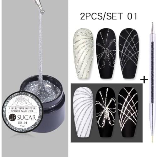 UR SUGAR 7ml Silver Glitter Color Reflective Spider Nail Gel Set With Nail Art Liner Drawing Brush Wire Drawing Line Gel Varnish
