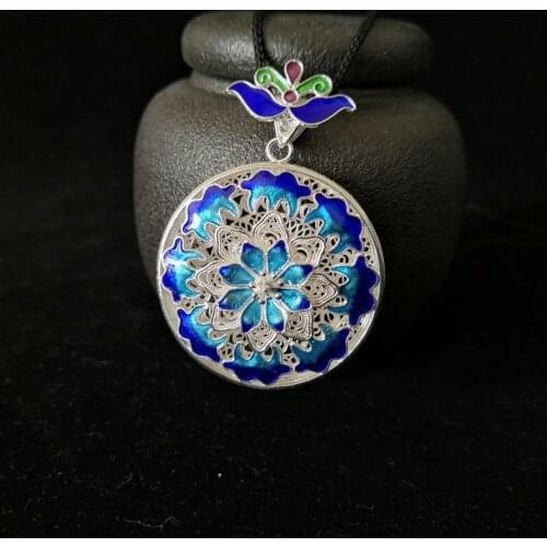 Blue Steampunk 999 Sterling Silver Pendant Chakra Women Wicca Pendants Cloisonne Enamel Handmade Luxury Jewelry Vintage Round