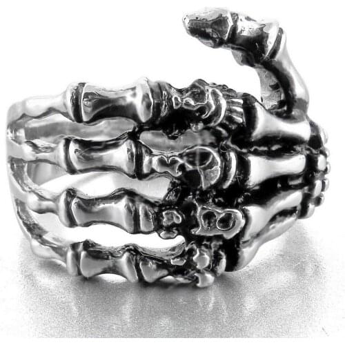 Vintage Mens Skeleton Hand Skull Knuckles Stainless Steel Ring Hiphop Mens Paw Hand Bone Punk Rock Ring Goth Vampire Ring Gift