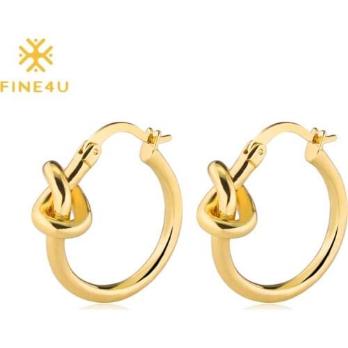 FINE4U Stainless Steel High Polished Twist Round Hoop Earrings Dainty Women Earrings