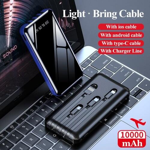 10000mAh Power Bank With 4 Cables Mobile Phone Fast Portable Charger USB Mirror External Battery For iPhone Xiaomi Mi Powerbank