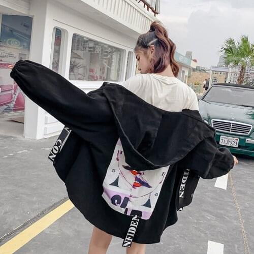 2020 New Harajuku Loose Black Autumn Denim Jacket Women Chaqueta Mujer Staggered Printing Befree Riverdale Streetwear Clothes