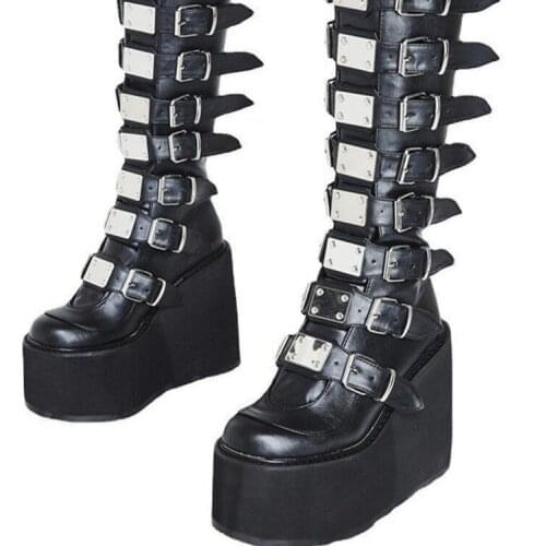 2021 Gothic Metal High Women Boots Chunky Wedge Boots for Women Botas Mujer Platform Leather High Boots Woman Shoes Boot Female
