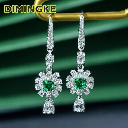 DIMINGKE 4*4MM Emerald Long Earrings 100%-S925 Sterling Silver Fashion Female Jewelry Party Birthday Gift