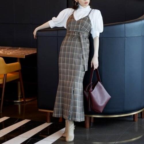Office Lady Elegant Plaid Trumpet Long Dress High Waist Belt Slim Slip Robe Female Early Autumn New Japanese Sweet Vestidos