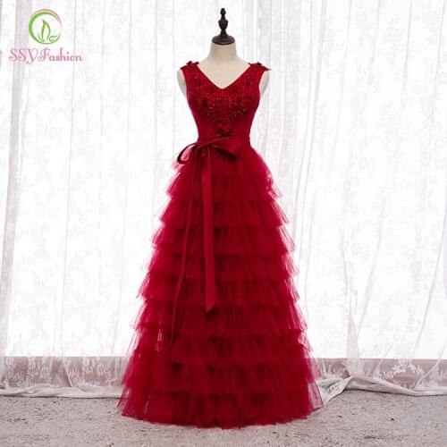 SSYFashion New Banquet Elegant Burgundy Evening Dress V-neck Floor-length Lace Appliques Long Formal Gown Robe De Soire