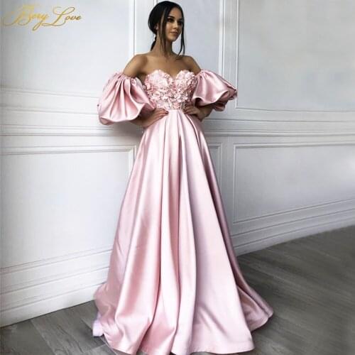 Pink Sexy Evening Dress Off Shoulder Handmade 3D Flowers Beading Formal Dress 2020 Side Sleeves Robe de soiree Party Gown