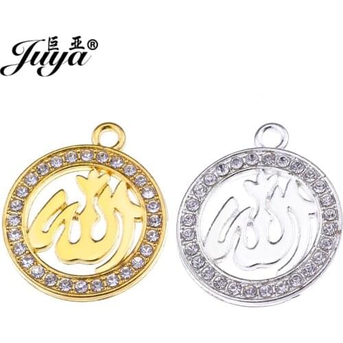 10pcs/lot 30x25.5mm Round Golden Rhinestone Islam Charms Pendant For Women Necklace Bracelet DIY Making Accessories Handmade