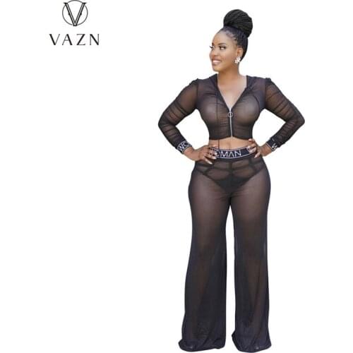 VAZN 2021 Autumn Classic Black Sexy Young Daily Sweet Full Sleeve Cloth Long Wide Leg Pants Skinny Women 2 Piece Set
