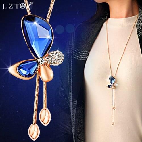 Collares Largos Butterfly Pendant Necklaces Sweater Chain Blue Gem Rhinestone Crystal Necklace Long Tassel Necklace Adjustable