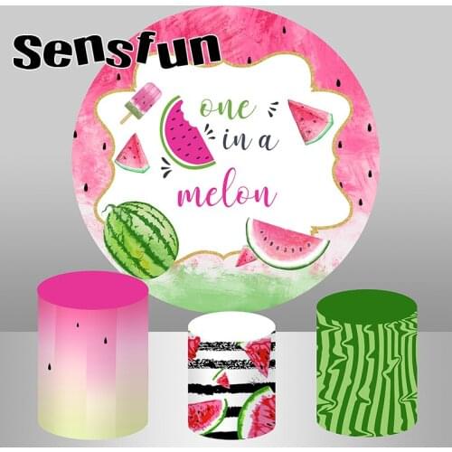 Watermelon Red Green Round Backdrop Cover One In A Melon Girls Newborn Baby Shower 1st Birthday Background Plinth Covers Custom