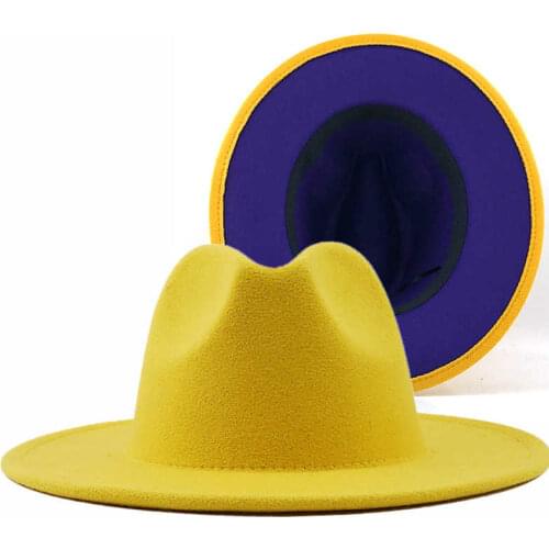 Royalblue Unisex Outer Inner Red Wool Felt Jazz Fedora Hats with Thin Belt Buckle Men Women Wide Brim Panama Trilby Cap L XL