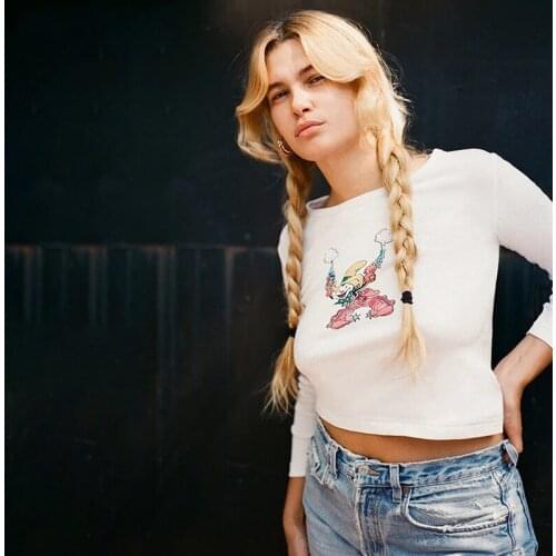 Printed Cotton Comfy white Long Sleeve Streetwear Crop Top Y2k Skinny Girls Sweet Chic Tees Women Tshirts Cute Casual Harajuku