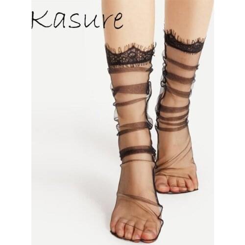 KASURE Transparent High Socks With Funny Crown Pattern Lace Fringe For Women Ladies Cool Thin Mesh Ankle Socks Sprint Summer