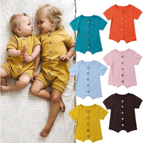 Fast Shipping 6 Colors 0-24m Toddler Baby Boy Girl Romper Short Sleeve Solid Jumpsuit Cotton Sunsuit Outfit Clothes Playsuit