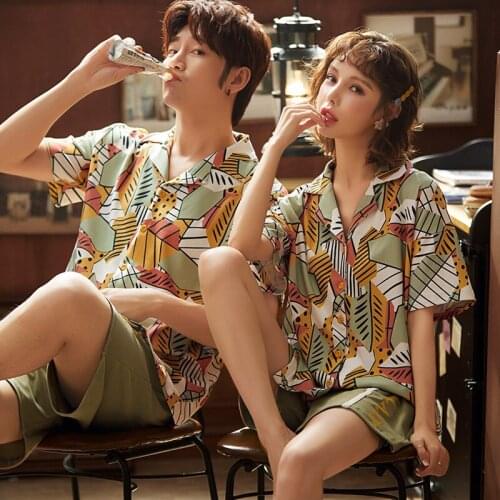 PURE Cotton Summer Turn-down Collar Button-Down Short Sleeve Pants Pajama Jammies Couples Lovers Sleepwear Nightwear Pyjamas cke