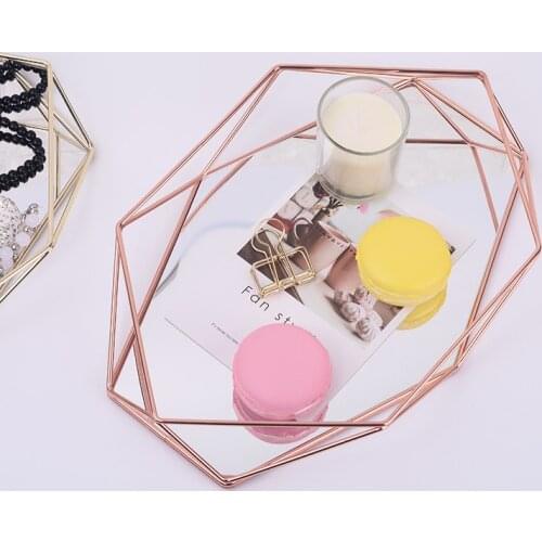 Nordic Iron Rose Gold Desktop Storage Tray Creative Geometry Glass Metal Cosmetic Jewelry Display Tray