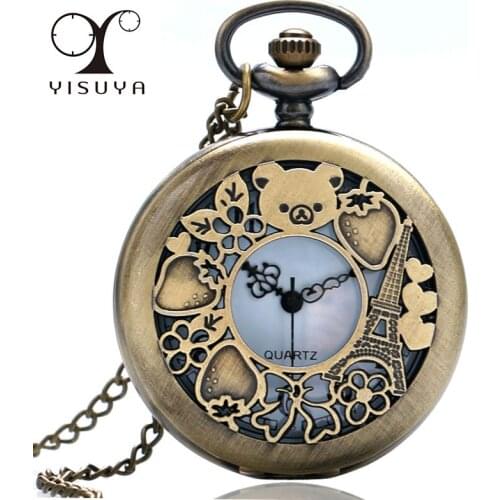 Cute Hollow Rilakkuma Paris Eiffel Tower Pattern Vinatge Pocket Watch with Necklace Chain Quartz Movement Reloj De Bolsillo