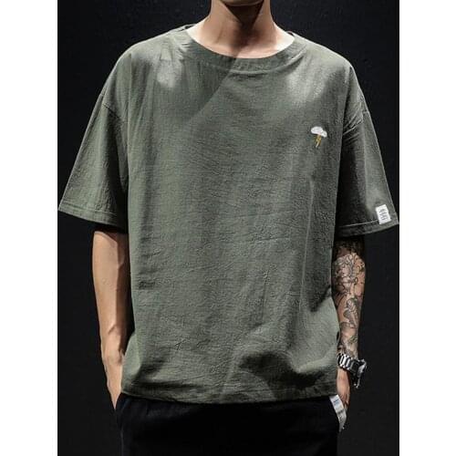 Men Cotton Linen Embroidery Tshirts 2020 Summer Mens Streetwear T Shirt Male Korean Fashions T-shirt Harajuku Tees